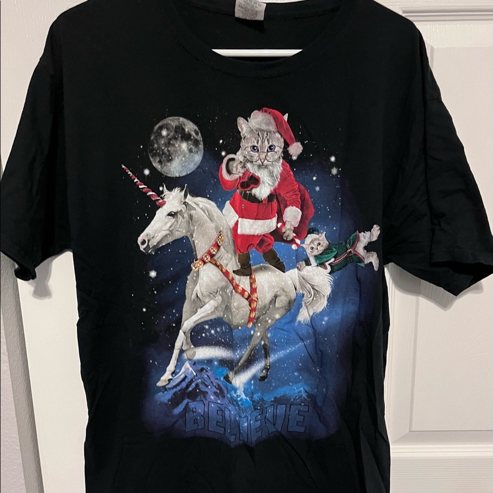Dec 25th cat on a unicorn shirt size large